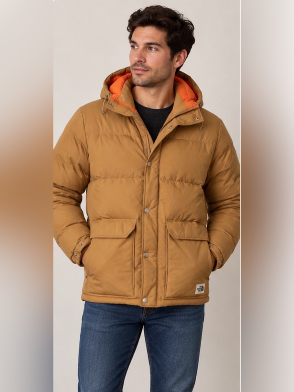 The North Face Hooded Puffer Jacket – Tan / Orange – Size S